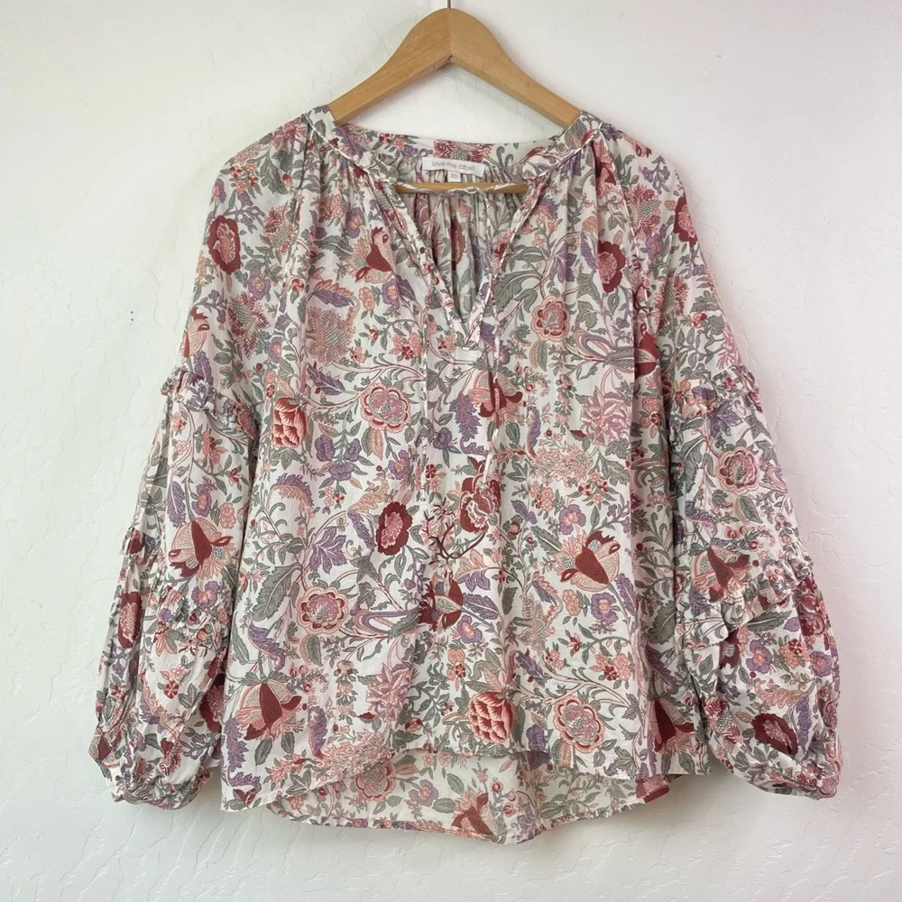 Anthropologie Love The Label Floral Peasant Boho Balloon Puff Sleeve Top Size XS